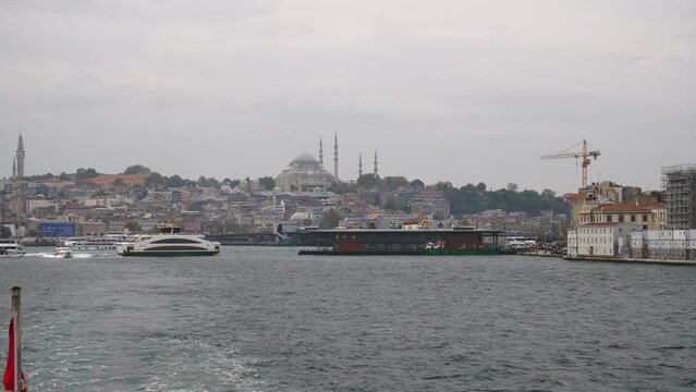 day time istanbul city bay ferry ride passenger pov panorama 4k turkey