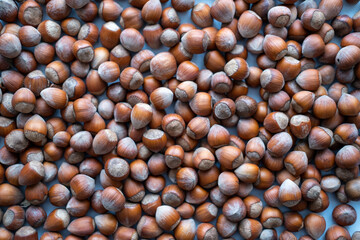 Hazelnut background, Hazelnut food background texture, nut. Selective focus, top view.
