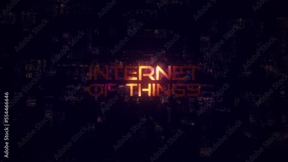 Poster 3d animation of internet of thing glow glitch text digital effect cinematic title background. ending