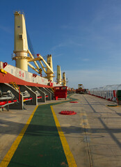 View of the main deck of a bulk carrier ship underway at sea