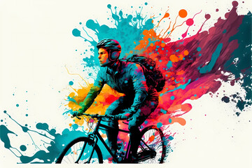 biker racer on a bike, color spleash, white background, illustration digital generative ai design art style