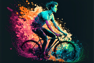 Biker on a bike with color splash, dark black background