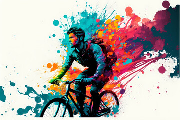 Naklejka na ściany i meble biker on a bike, color spleash, white background, illustration digital generative ai design art style