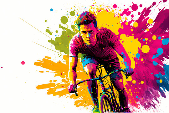 biker racer on a bike, color splash, white background, illustration digital