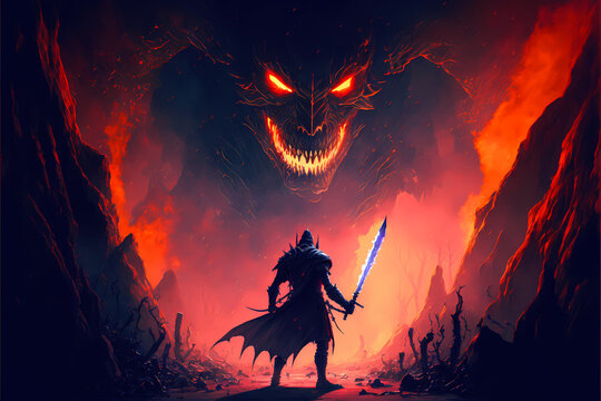 knight with a sword facing a god like lava demon devil in hell, epic gorgeous fight, digital illustration painting art style 