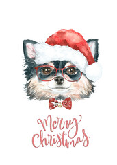 Watercolor chihuahua illustration dogs breeds collection, Merry Christmas greeting card, Dog in santa,elf hat,  clothes, funny character printable portrait, costume, New year,lettering diy card design