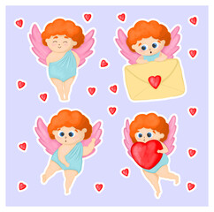 Fototapeta na wymiar A set of stickers for Valentines Day. Cute cupid characters with arrows and hearts