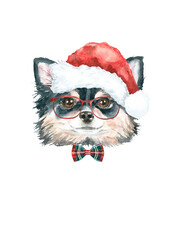 Watercolor chihuahua illustration dogs breeds collection, Merry Christmas greeting card, Dog in santa,elf hat,  clothes, funny character printable portrait, costume, New year,lettering diy card design