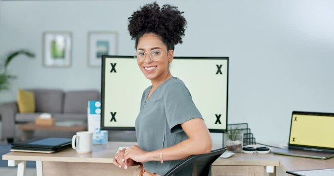 Portrait, black woman and business at computer mockup website and tracking markers for advertising space in Brazil. Happy young receptionist worker, desktop technology and digital marketing mock up