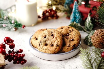 Homemade Chocolate chip cookies on festive holiday background, selective focus