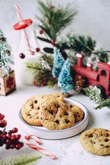 Homemade Chocolate chip cookies on festive holiday background, selective focus