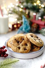 Homemade Chocolate chip cookies on festive holiday background, selective focus
