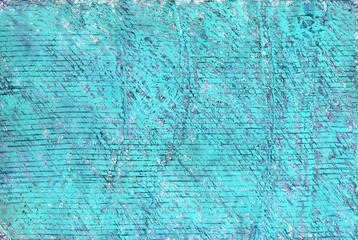 Color grunge turquoise stripe background. Halftone elements. Texture of spots, stains, ink, dots, scratches. Vintage damaged cyan design backdrop. Abstract aged green wall