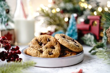 Homemade Chocolate chip cookies on festive holiday background, selective focus