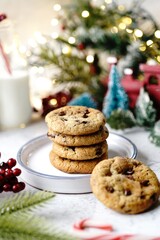 Homemade Chocolate chip cookies on festive holiday background, selective focus