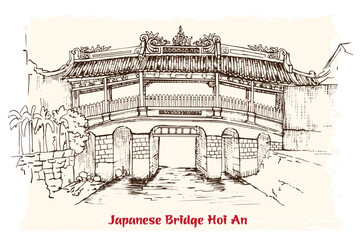 Japanese Bridge in Hoi An. Vietnam, Unesco World Heritage Site. Hand drawn vector