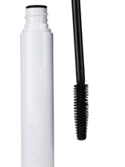 Closeup mascara bottle and brush. Black mascara and tube isolated on white background.