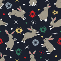 Christmas Cute Rabbits Fantasy Pattern Chinese New Year 2023 Zodiac sign on Children's Seamless Funny Background, Holiday Wallpaper for Babies and little Kids
