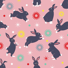 Christmas Cute Rabbits Fantasy Pattern Chinese New Year 2023 Zodiac sign on Children's Seamless Funny Background, Holiday Wallpaper for Babies and little Kids - 554469263