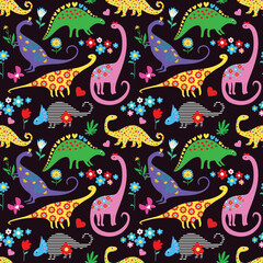 Cute Dinosaurs kids pattern for Girls and Boys Cartoon Cute Animals on Blue Creative seamless background hand drawn funny Pink Dino for textile and fabric design - 554469276
