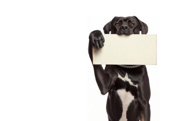Dog with empty sign, isolated on white - Generative AI