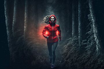 Fototapeta premium A woman in red runs through a forest track at night. Generative ai art