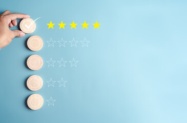 Customer satisfaction concept. businessman hand to giving 5 stars. Excellent business rating...