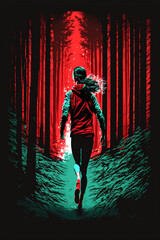 A woman in red runs through a forest track at night. Generative ai art