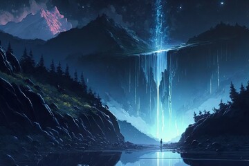 scenery showing waterfall from the heaven. Fantasy scenery. concept art. Generative AI