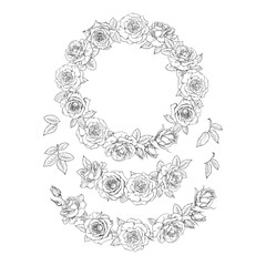 Obraz premium Hand drawn set of rose flowers round frame, vignettes and garlands. Black and white vector illustration.