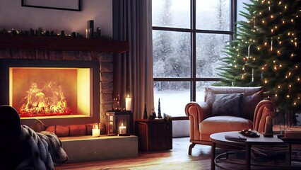 Christmas eve cozy mood in classic decorated living room with fire burning in fireplace, christmas tree, candles and gifts. Family waiting for rest. December holidays, winter, warm indoor. Snow falls.