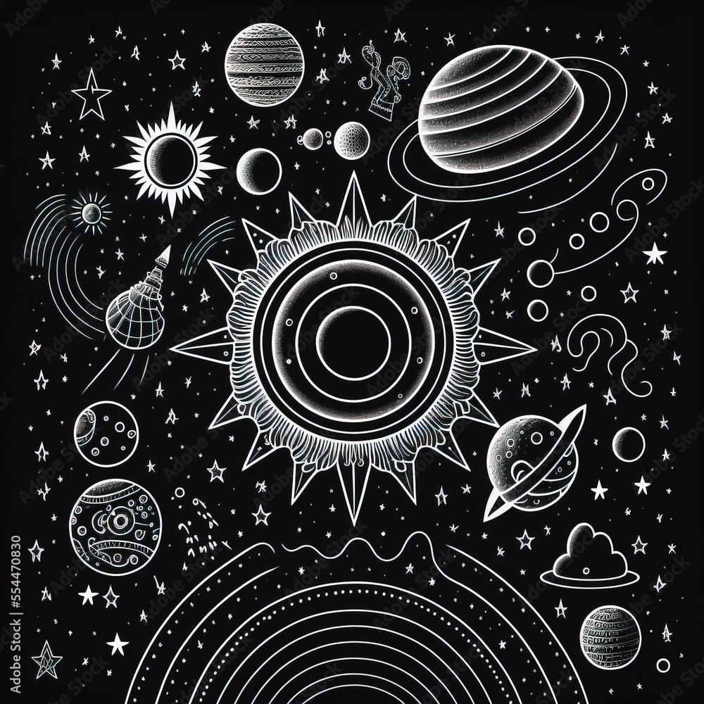 Poster a drawing of a solar system with planets and stars in the background. generative ai