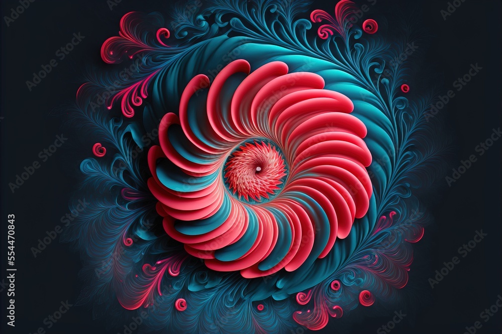 Poster a computer generated image of a spiral design in red and blue colors on a black background with a bl