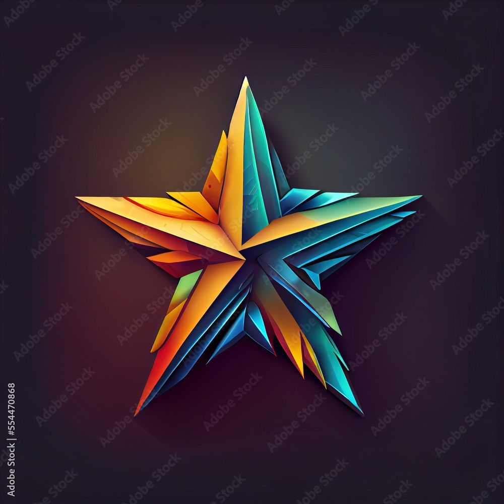 Poster a colorful star made out of folded paper on a black background with a shadow of the star in the cent