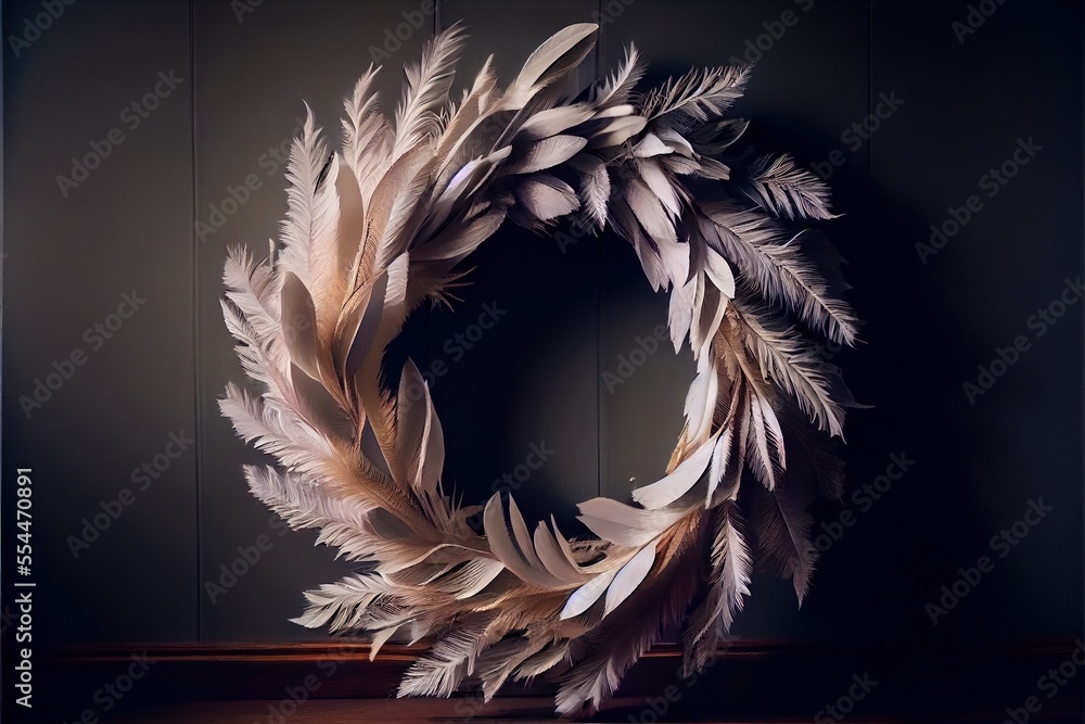 Poster a wreath made of feathers on a table in a dark room with a wall behind it and a shadow of a person. 