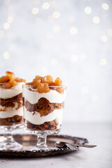 Christmas dessert with gingerbread cookies and pears