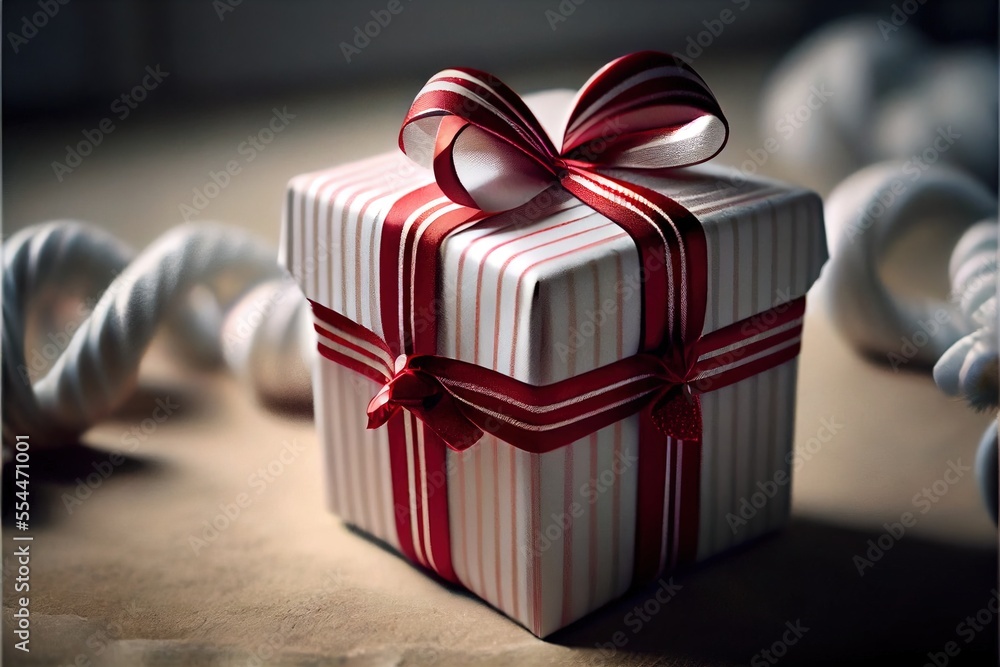 Poster a wrapped gift box with a red ribbon on a table with white balls of thread and a red bow. generative
