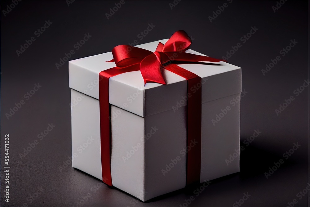 Poster a white box with a red ribbon and a bow on it's side. generative ai