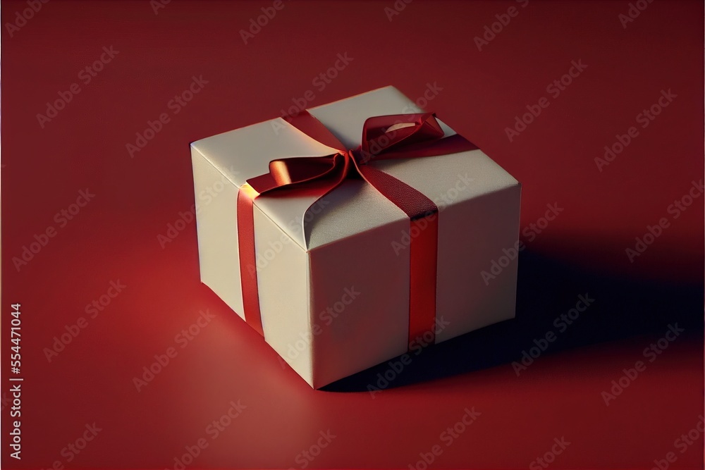Poster a white gift box with a red ribbon on a red background with a red bow on it's side. generative ai