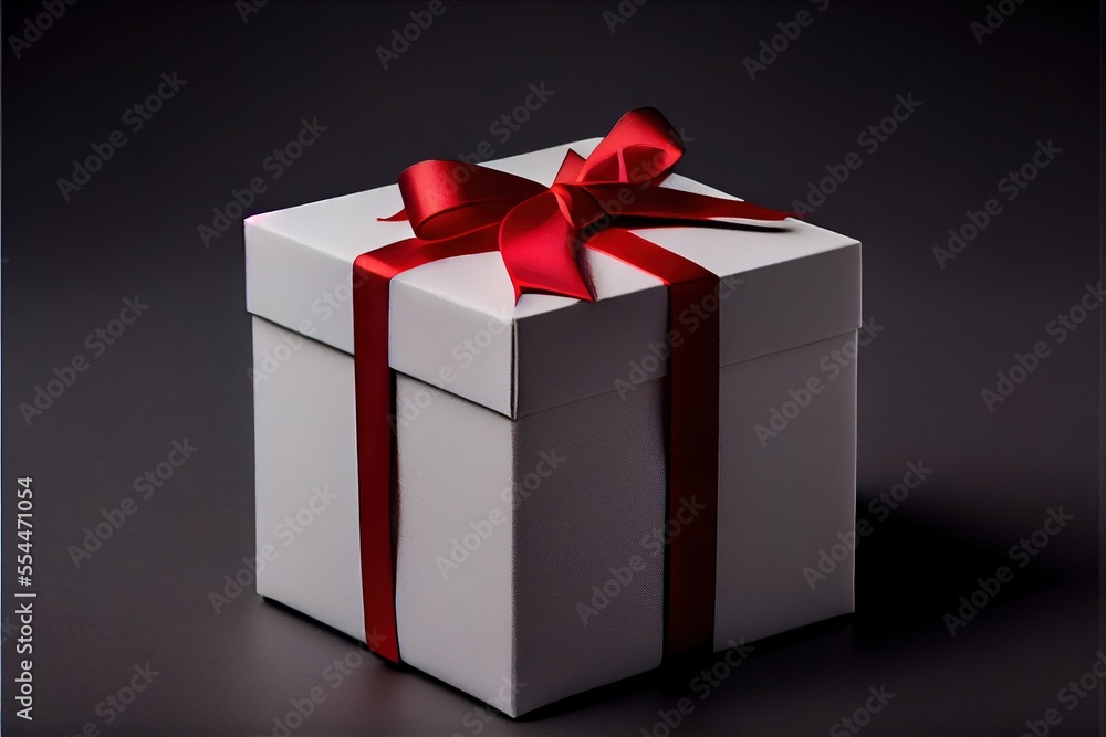 Poster a white box with a red ribbon and a bow on it's side. generative ai