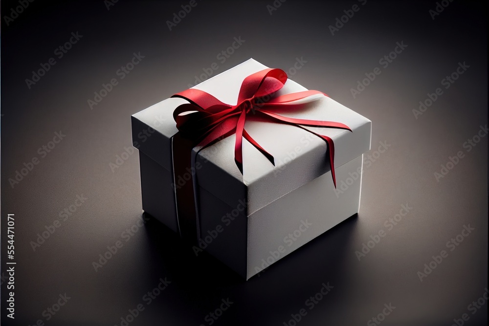 Poster a white box with a red ribbon on it on a table with a black background and a red bow. generative ai