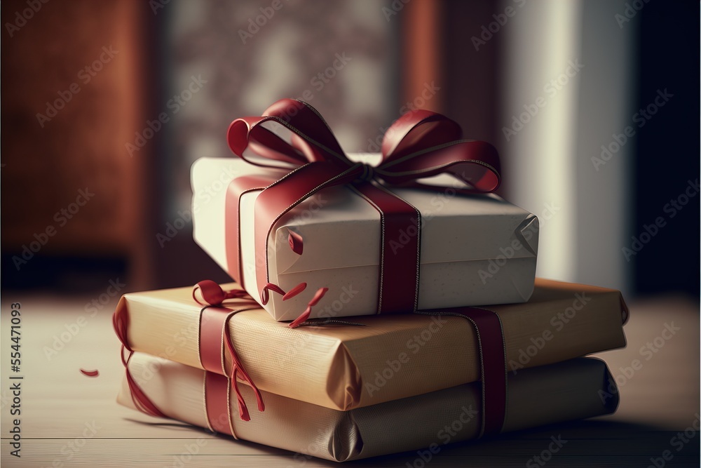 Poster a stack of three wrapped gift boxes with a red ribbon on top of them. generative ai