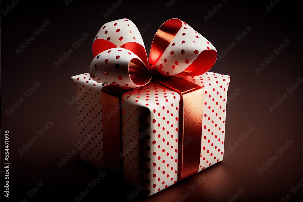 Poster a red and white gift box with a red bow on it's side and a red ribbon on the top. generative ai