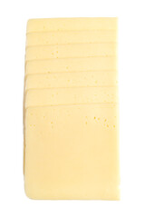 Stack of gouda cheese slices, isolated, from above. Sliced sweet, creamy and yellow cheese, made of cow milk, originated from Gouda in the Netherlands. Close-up, on white background, macro food photo.