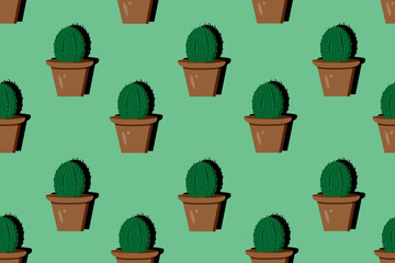 Seamless pattern with cartoon cactus in the clay pot on green background in cut out paper style. Repeat of indoor plant. Wallpaper and bed linen print.