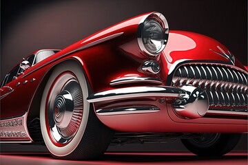  a red car with a chrome rim and a hood is shown in a black background with a red background. Generative AI - obrazy, fototapety, plakaty