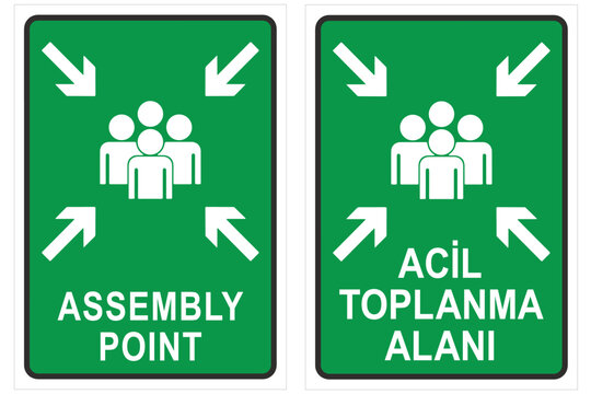 Assembly Point vector sign, fire emergency meeting area (English and Turkish version)