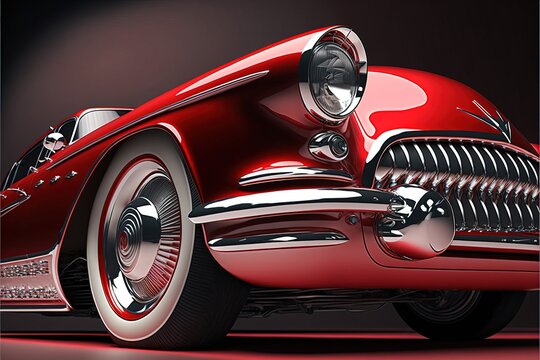  a red car with a chrome rim and a hood is shown in a black background with a red background. Generative AI