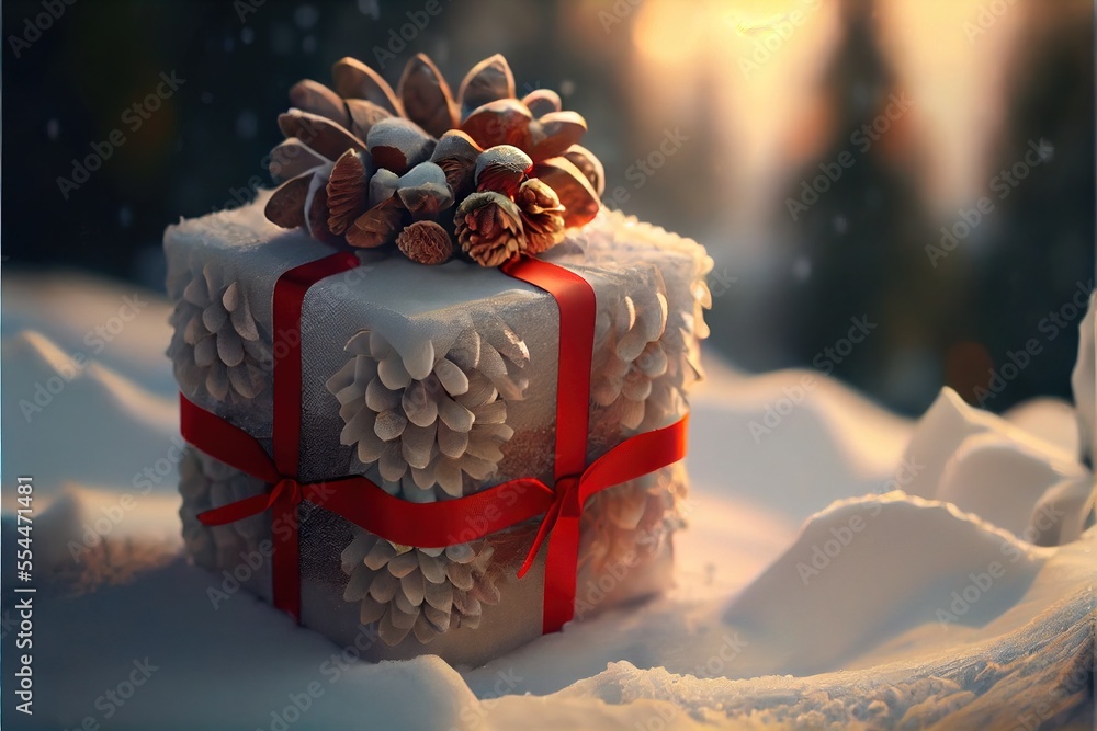 Poster a present wrapped in white paper with a red ribbon and pine cones on top of it in the snow. generati