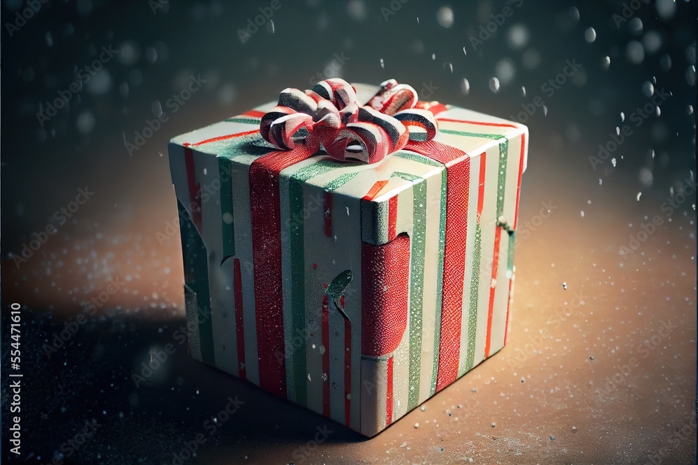 Poster a wrapped present box with a bow on it on a table with snow falling around it and a black background